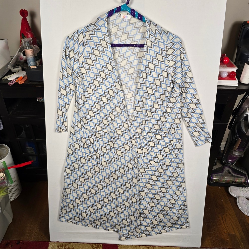 LuLaRoe Joy Duster Vest Women XL Blue Grey Geometric Diamond Longline Open Front